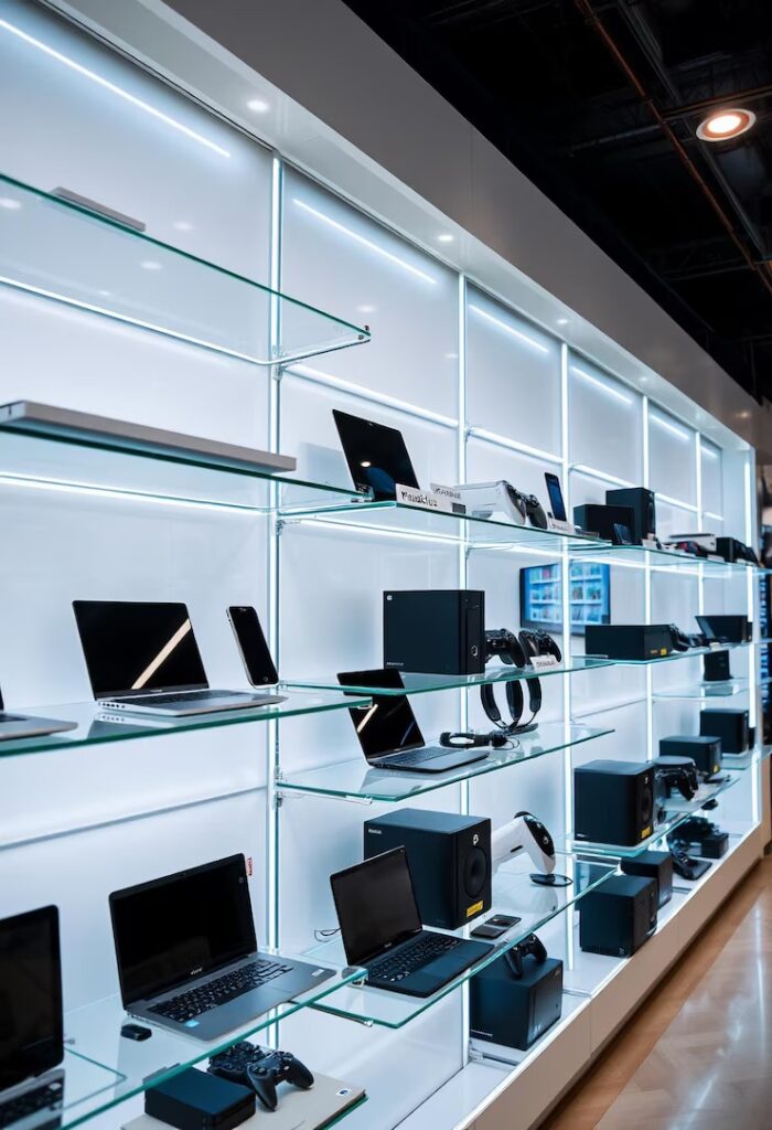 imgi 176 display various electronic devices glass shelves 1264943 12167